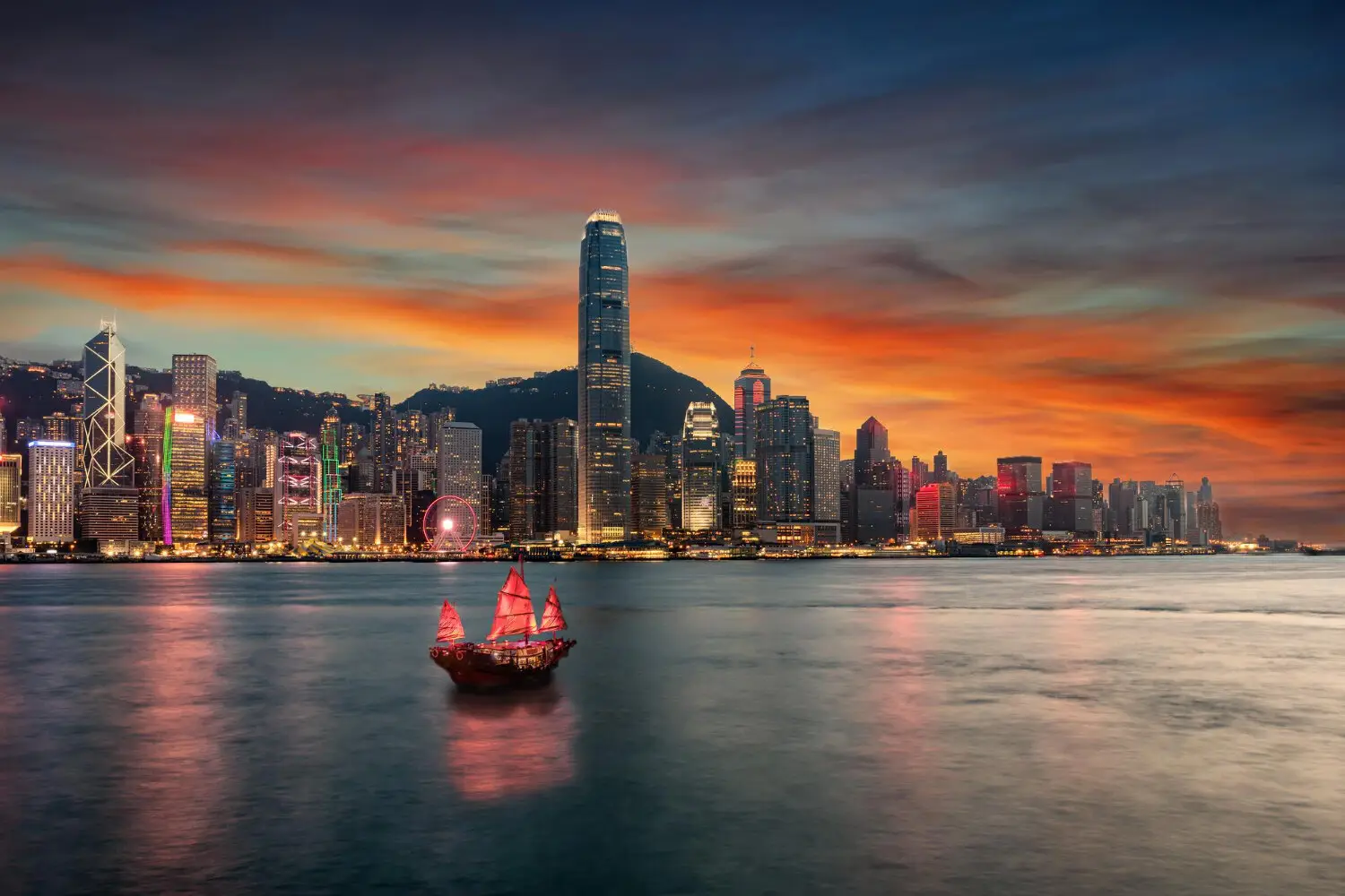 Victoria Harbour and Hong Kong skyline during an evening harbour cruise