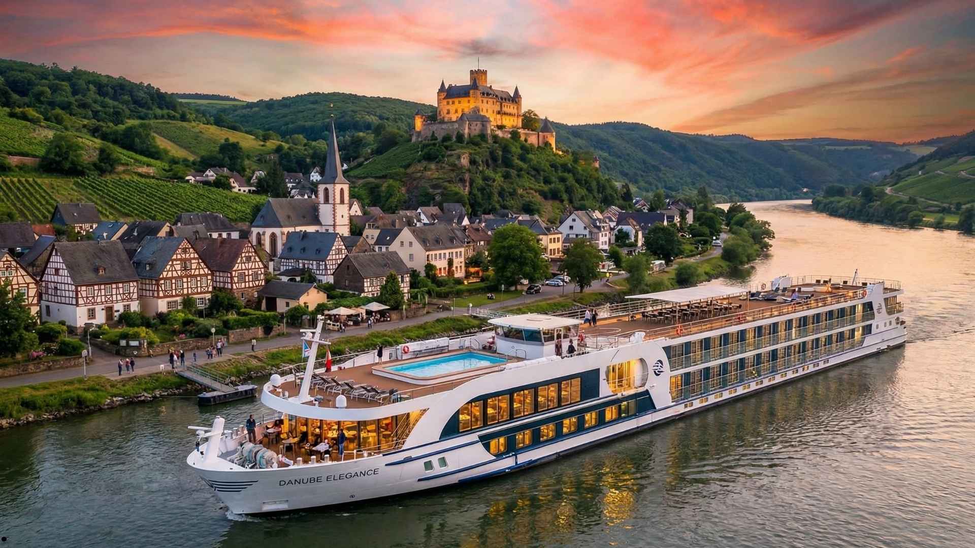 River cruise ship sailing through a historic landscape