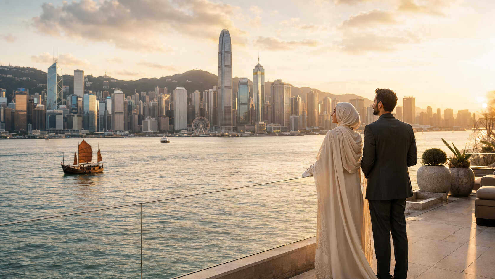 A couple overlooking Victoria Harbour and the Hong Kong skyline at golden hour