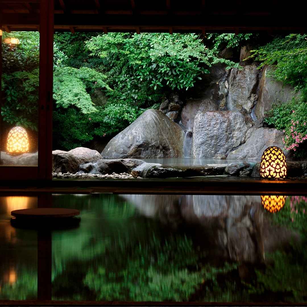 Garden onsen and traditional architecture at Gora Kadan in Hakone