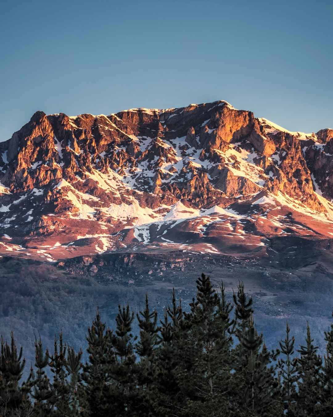 Snow-dusted limestone peaks of Picos de Europa in Northern Spain